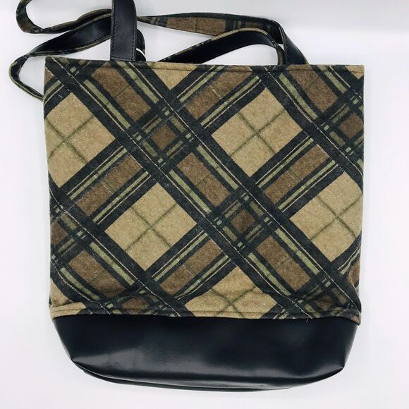 Brown Plaid Cotton w Faux Leather Accents and Pockets Basic Market Tote Bag - Picture 2 of 5